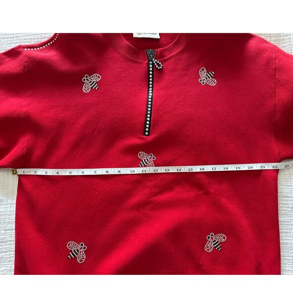 Vintage Christine Alexander Red Embellished Bee Quarter Zip Sweatshirt - Picture 6 of 8